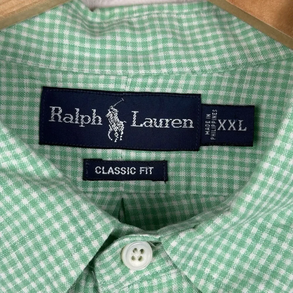 Vintage Polo Ralph Lauren Button Up Shirt Men's 2XL Green Micro Gingham Check